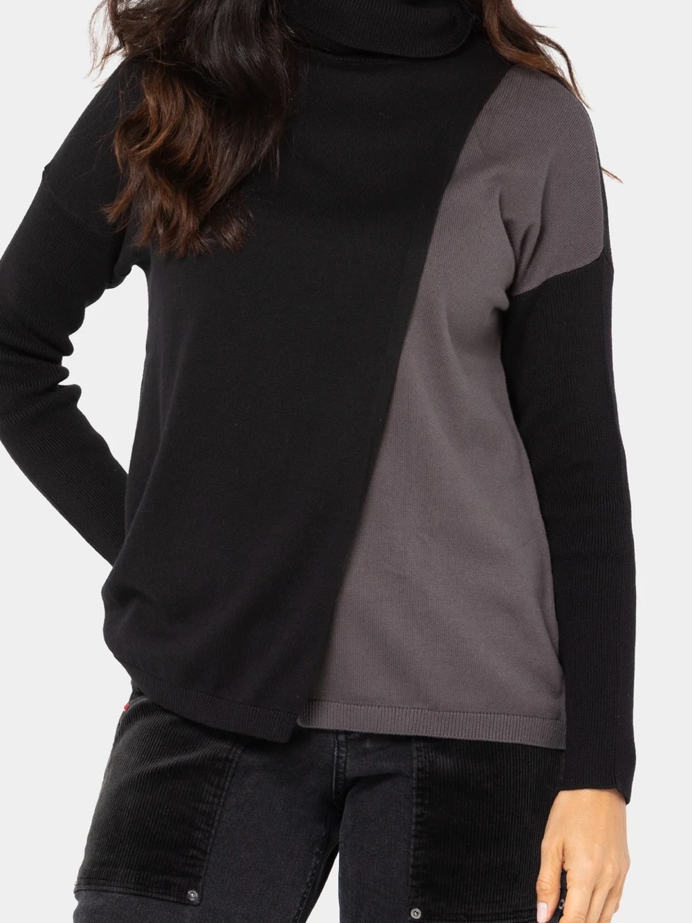 Peace Love World Turtleneck Crossover Sweater in Black, Size 1X.